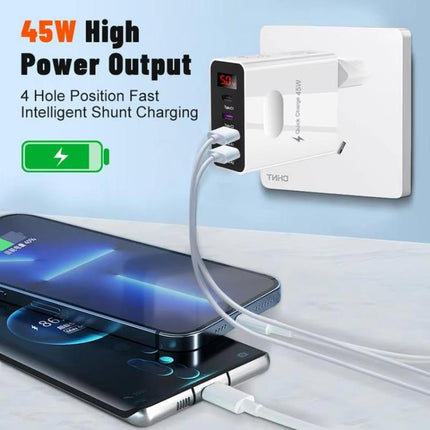 2 USB+2 Type-C Digital Display Mobile Phone Multi-port Charger, EU Plug Black, US Plug Black, UK Plug Black, EU Plug White, US Plug White, UK Plug White