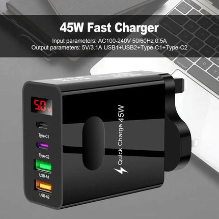 2 USB+2 Type-C Digital Display Mobile Phone Multi-port Charger, EU Plug Black, US Plug Black, UK Plug Black, EU Plug White, US Plug White, UK Plug White