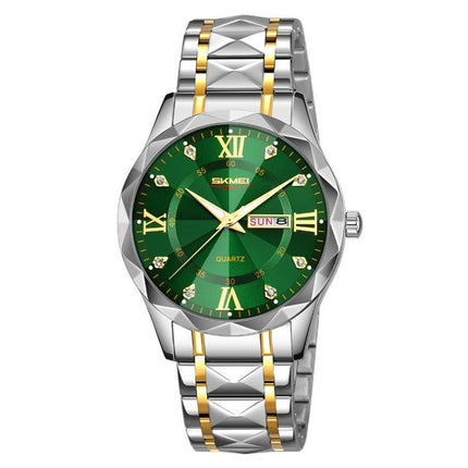 SKMEI Business Casual Watches Diamond Case Luminous Waterproof Quartz Watch, Men Silver Gold Strap Silver Dial, Men Silver Gold Strap Green Dial, Men Silver Gold Strap Black Dial, Men Silver Case Silver Dial, Men Silver Case Gray Dial                  ...