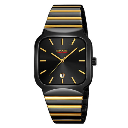 SKMEI 9361 Steel Strap Textured Dial Watch Business Casual Square Quartz Watch, Gold Case Gold Dial, Gold Case Gray Dial, Silver Gold Case Silver Dial, Silver Gold Case Blue Dial, Silver Gold Case Black Dial, Silver Case Silver Dial, Silver Case Gray D...