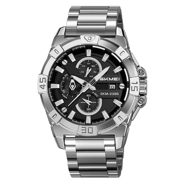 SKMEI 2399 Three-eye Six-pin Steel Band Quartz Watch Men Business Casual Watch