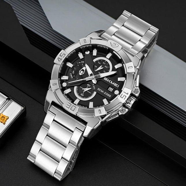 SKMEI 2399 Three-eye Six-pin Steel Band Quartz Watch Men Business Casual Watch