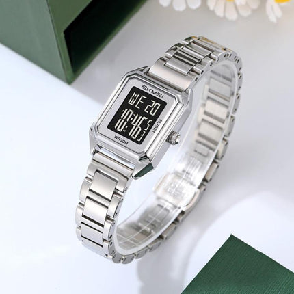 SKMEI 2493 Small Women Electronic Watch Square Steel Strap Watch, Gold Case White, Gold Case Black, Silver Case Black, Black Case White, Black Case Black