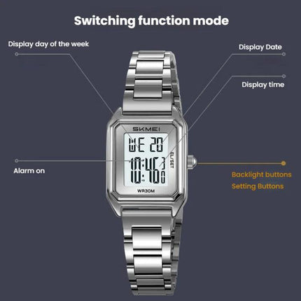 SKMEI 2493 Small Women Electronic Watch Square Steel Strap Watch, Gold Case White, Gold Case Black, Silver Case Black, Black Case White, Black Case Black