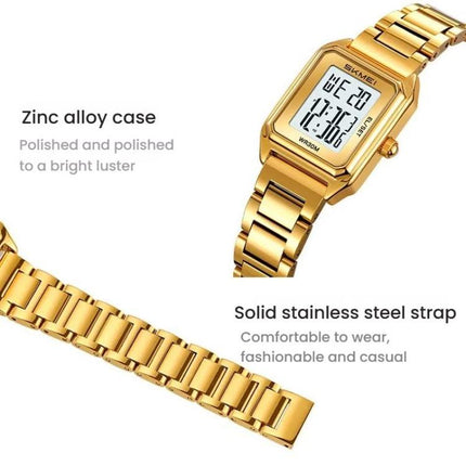 SKMEI 2493 Small Women Electronic Watch Square Steel Strap Watch, Gold Case White, Gold Case Black, Silver Case Black, Black Case White, Black Case Black