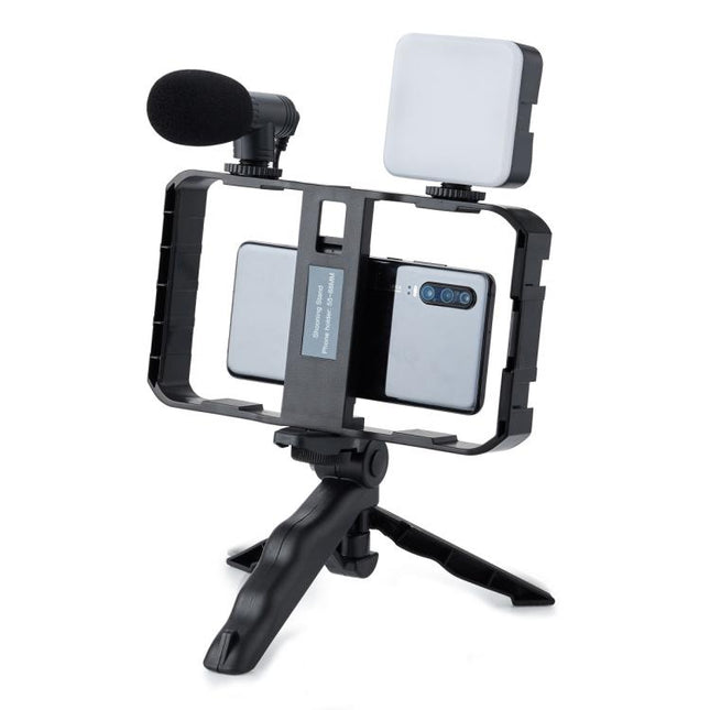 Smartphone Cage Stabilizer with Microphone & LED Fill Light - Anti-Shake Handheld Gimbal for Vlogging, AY-49B