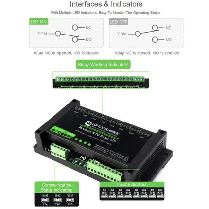 Waveshare Modbus RTU 8-Channel RS485 Relay Module With Digital Input Multi Isolation Protection Circuits, 7~36V Power Supply