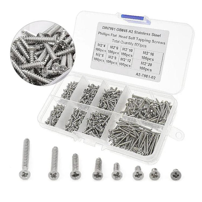 800pcs /Set Metric M2 Carbon Steel Phillips Self-Drilling Screw Kit, 800pcs /Set Round Head, 800pcs /Set Flat Head