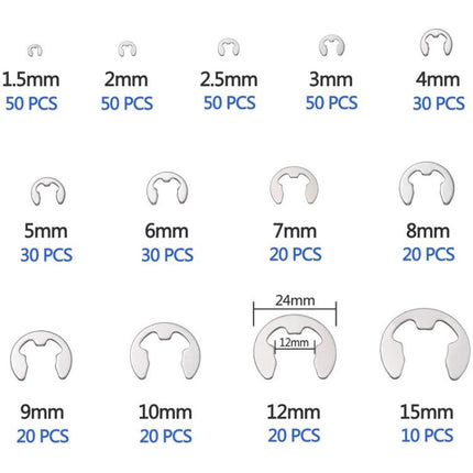 400pcs /Set 1.5-15mm Stainless Steel E-Type Open Circlips Boxed, 400pcs /Set