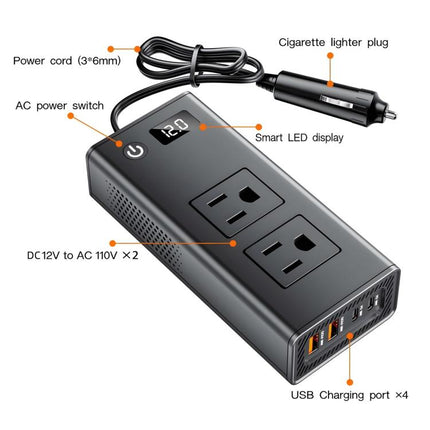 DC12V 200W Fast Charging QC3.0 PD Car Cigarette Lighter Portable Inverter, 110V US Plug, 220V Universal