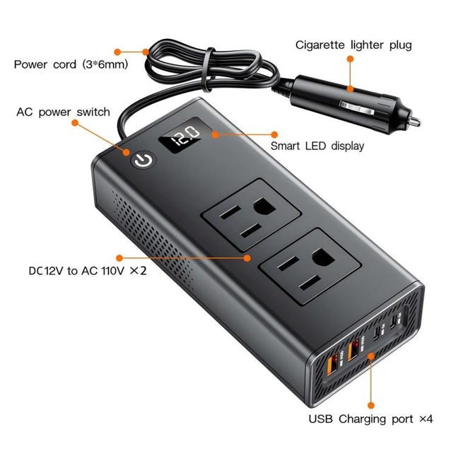 DC12V 200W Fast Charging QC3.0 PD Car Cigarette Lighter Portable Inverter