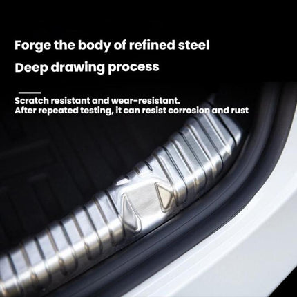 For Tesla 2024+ Model 3 Highland Stainless Steel Trunk Sill Guard, Carbon Fiber Texture, Black Brushed Finish, Silver