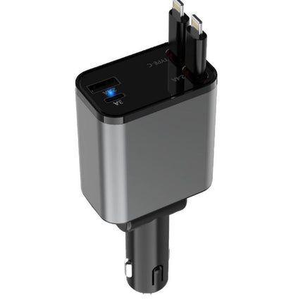 PD30W Car Charger With Retractable Cable, TYPE-C+8 Pin, TYPE-C+TYPE-C, 8 Pin+8 Pin