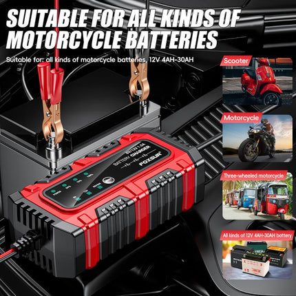 FOXSUR Smart 6V/12V 1.5A Battery Charger 4AH-30AH Lead Acid Battery Maintainer For Motorcycle/Car/ATV