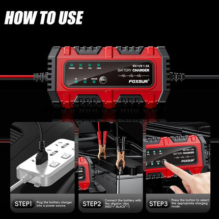 FOXSUR Smart 6V/12V 1.5A Battery Charger 4AH-30AH Lead Acid Battery Maintainer For Motorcycle/Car/ATV