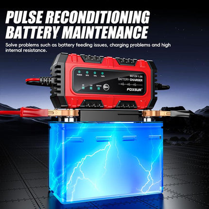 FOXSUR Smart 6V/12V 1.5A Battery Charger 4AH-30AH Lead Acid Battery Maintainer For Motorcycle/Car/ATV