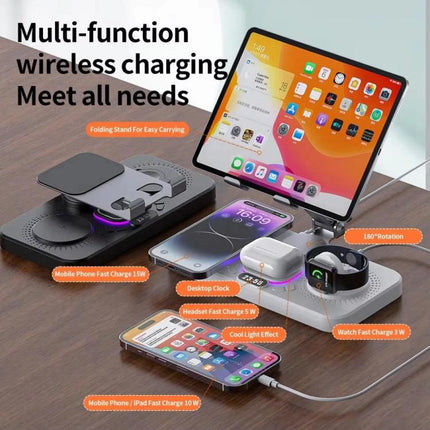 4-in-1 Fast Wireless Charging Station for Phone/Tablet/Apple Watch/AirPods Magnetic Foldable Stand with Clock Display & Cool Light Effect