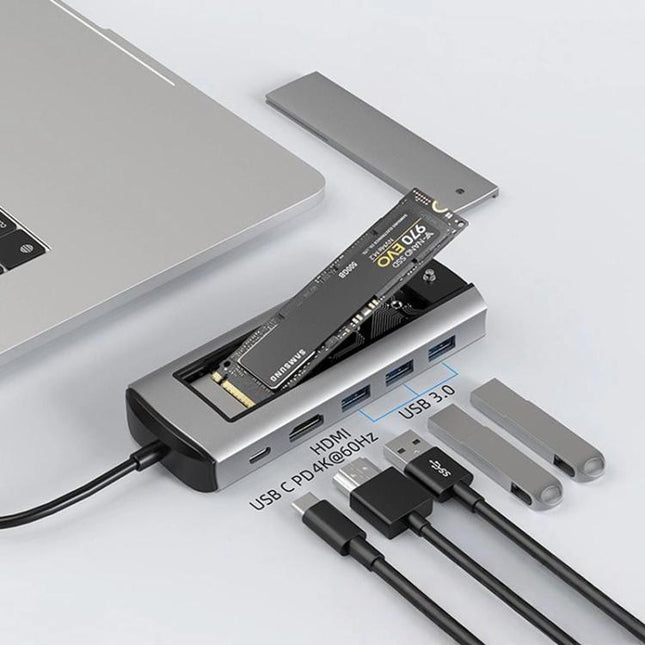 6-In-1 Type-C/USB-C To PD+HDMI (4K 30hz) +USB3.0 X 3+SATA/NVME SSD Docking Station, 6-In-1 SATA/NVME