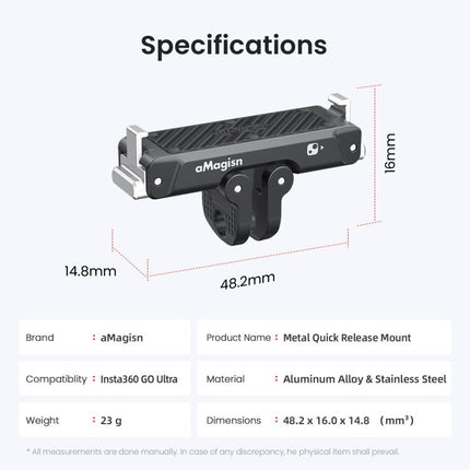 For Insta360 Go Ultra Camera AMagisn Metal Quick Release Magnetic Adapter With 1/4-Inch Threaded Hol