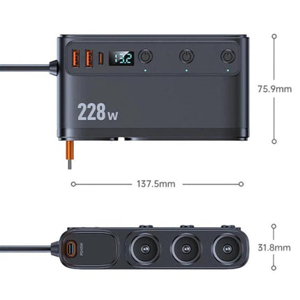 228W Car Cigarette Lighter Retractable Cable 3 In 1 Fast-Charging Car Charger With Independent Switches, C35L