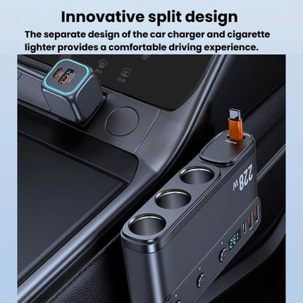228W Car Cigarette Lighter Retractable Cable 3 In 1 Fast-Charging Car Charger With Independent Switches, C35L