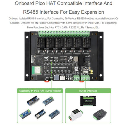 WAVESHARE RP2350 Industrial Control Board 6-Channel Relay Module, Based On RP2350 Microcontroller, Supports Wxternal Interfaces RS485 And Pico, Without Wi-Fi Module
