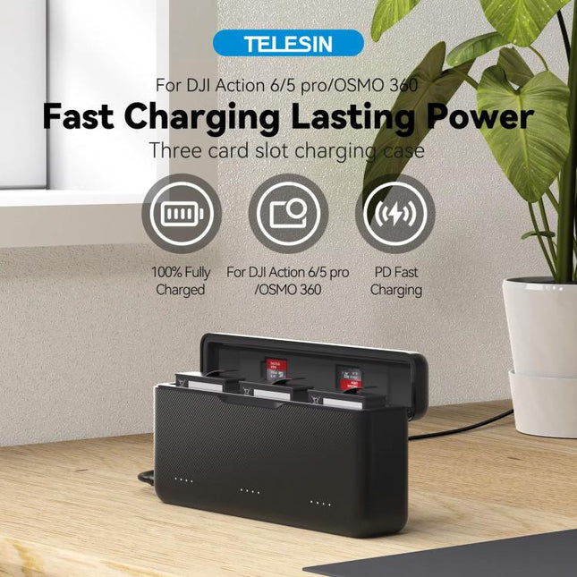 TELESIN Fast Charging Case For DJI Osmo Action 6 / 360 / 5 Pro 3-Slot Battery Storage Box
