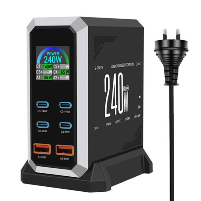 4 Type-C+2 USB Multi-Port 240W Dynamic Display Gallium Nitride Charger, AU Plug, US Plug, EU Plug, UK Plug