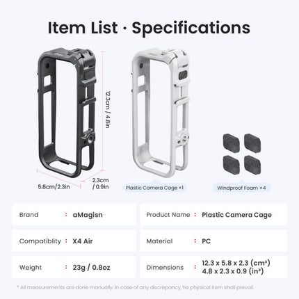 For Insta360 X4 Air AMagisn Camera Cage Plastic Expansion Frame With Windproof Foam