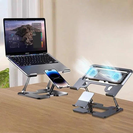 2-in-1 Foldable Laptop Tablet Stand Riser with Phone Holder, Fan Type Black, Fan Type Silver, Semiconductor Silver