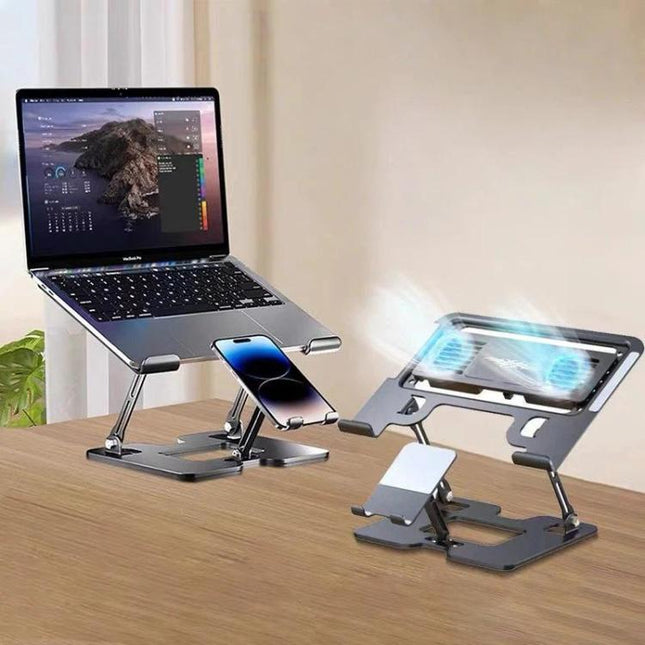 2-in-1 Foldable Laptop Tablet Stand Riser with Phone Holder, Fan Type Black