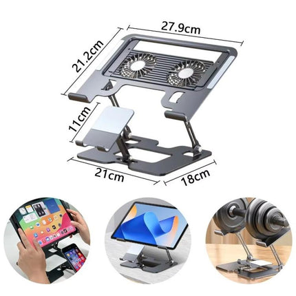 2-in-1 Foldable Laptop Tablet Stand Riser with Phone Holder, Fan Type Black, Fan Type Silver, Semiconductor Silver