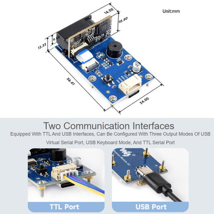 WAVESHARE Barcode QR Code Scanning Module Type E Metal Casing DPM Code Reading Onboard USB UART Dual Interfaces, 32387