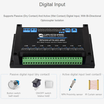 WAVESHARE RP2350 Industrial Control Board 8-Channel Network Relays Based On RP2350 Main Controller, 32451, 32452