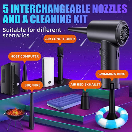 Cordless Turbo Fan Blower And Vacuum Cleaner With 5 Interchangeable Nozzles & LED Light, 3 Brushes, No Brush