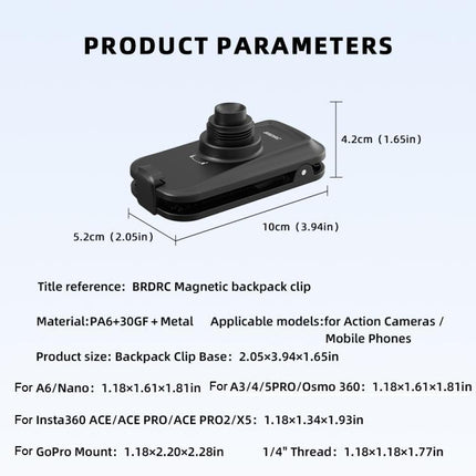 BRDRC Action Cameras Magnetic Quick-release Backpack Shoulder Strap Slip, For DJI Action 6 / Nano, For DJI Action 3 / 4 / 5Pro / Osmo 360, For Insta360 Ace Pro 1 / 2 / ACE / X5, For Gopro, 1/4 Interface
