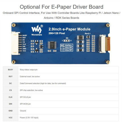 WAVESHARE 2.9inch E-Paper Display  E-Ink Display, 296x128, Red/Yellow/Black/White, SPI Interface, Raw Display, With Driver Board