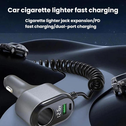 120W Car Cigarette Lighter With Voltage Display Car Phone Charger With Spring Cable, GE09