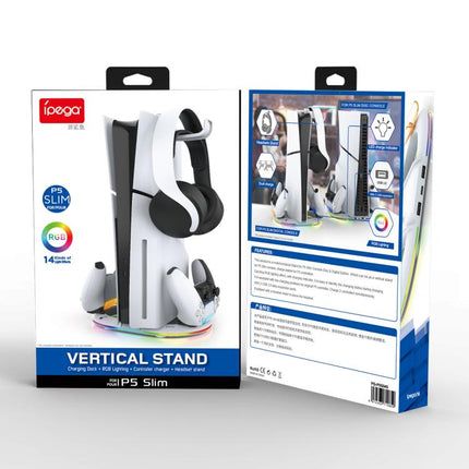 For PS5 Pro/Slim ipega Vertical Stand with Controller Charger, Headphone Hook and LED Light Ring