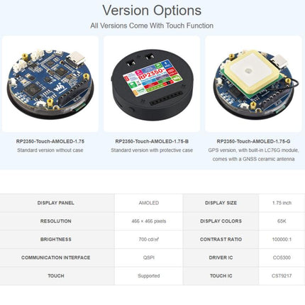 WAVESHARE RP2350 1.75-Inch AMOLED Screen Development Board, Without Case, With Case, With GPS