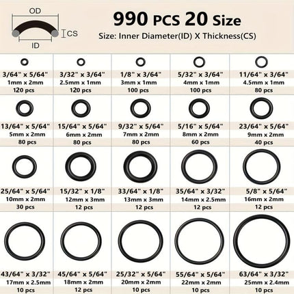 990pcs /Set NBR O-Ring Kit 20 Sizes Metric Nitrile Rubber Sealing Rings for High Pressure Washer, Automotive, Plumbing & Industrial Seals