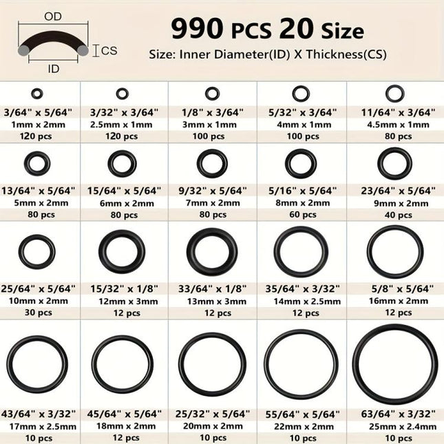 990pcs /Set NBR O-Ring Kit 20 Sizes Metric Nitrile Rubber Sealing Rings for High Pressure Washer, Automotive, Plumbing & Industrial Seals