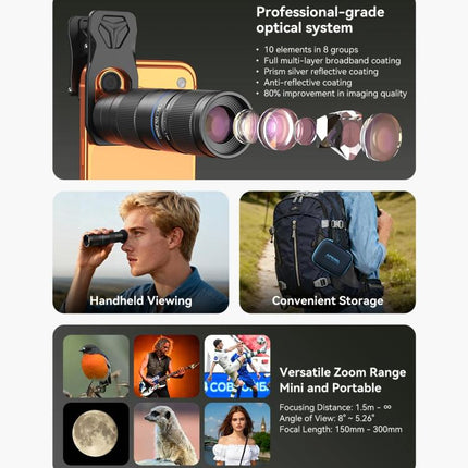 APEXEL TeleZoom 5–10X Zoom Telephoto Lens Kit for Smartphone with All-in-One Universal Clip, APL-T5-10X