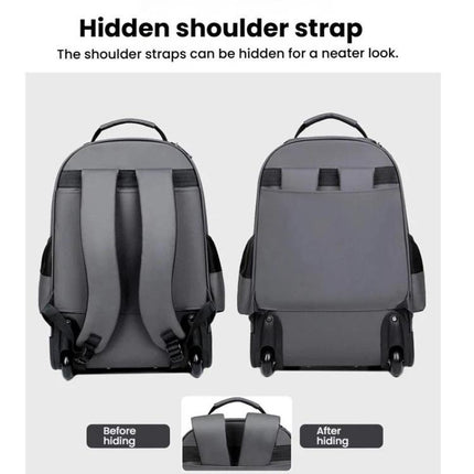 Large Capacity Wheeled Backpack for Men Carry-On Trolley Laptop Backpack with Hidden Shoulder Straps