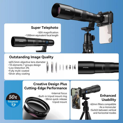 APEXEL TeleCular 50x Telephoto Lens Kit for Smartphone with 360-degree Ball Head Tripod & Internal Focus, APL-T50X