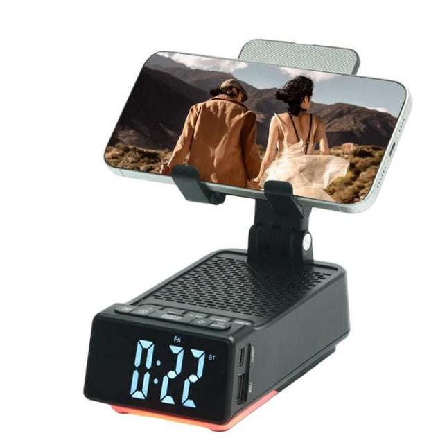 3 in 1 Desktop Folding Adjustable Phone Stand with Bluetooth Speaker Alarm Clock, F30
