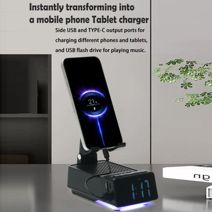 3 in 1 Desktop Folding Adjustable Phone Stand with Bluetooth Speaker Alarm Clock, F30