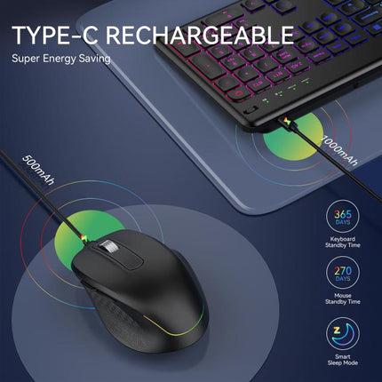 Wireless Keyboard and Mouse Set with Phone/Tablet Slot RGB Backlit Rechargeable Keyboard Mouse Combo, 2.4G Single Mode, 2.4G & Bluetooth