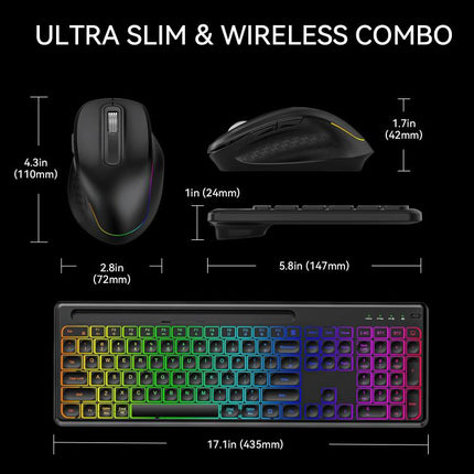 Wireless Keyboard and Mouse Set with Phone/Tablet Slot RGB Backlit Rechargeable Keyboard Mouse Combo, 2.4G Single Mode, 2.4G & Bluetooth