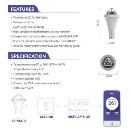BALDR Wireless Floating Pool Thermometer With Indoor Receiver 360-Degree Triple Screen LCD Display Remote App Control, B0565T